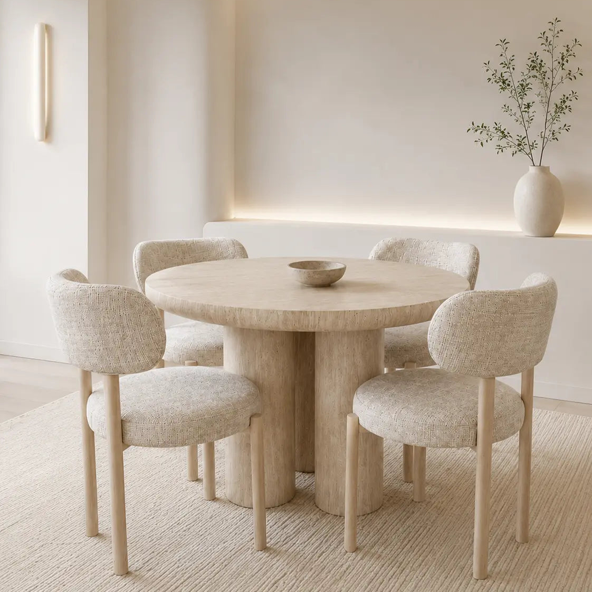 Pack Aldo + Bosco – Table à manger ronde beige effet travertin + 4 chaises tissu chenille beige