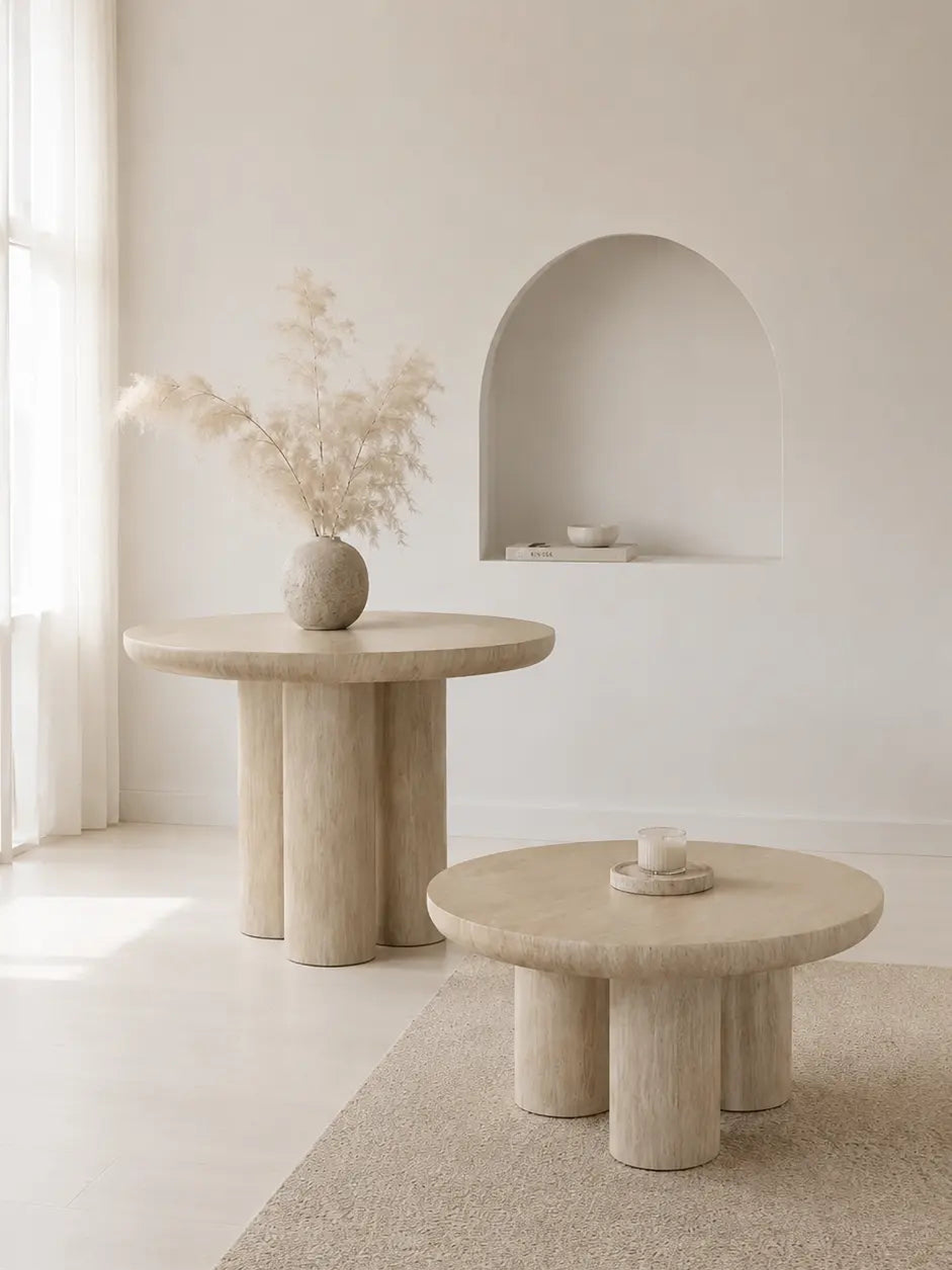 Pack Aldo – Table à manger ronde + Table basse effet travertin beige