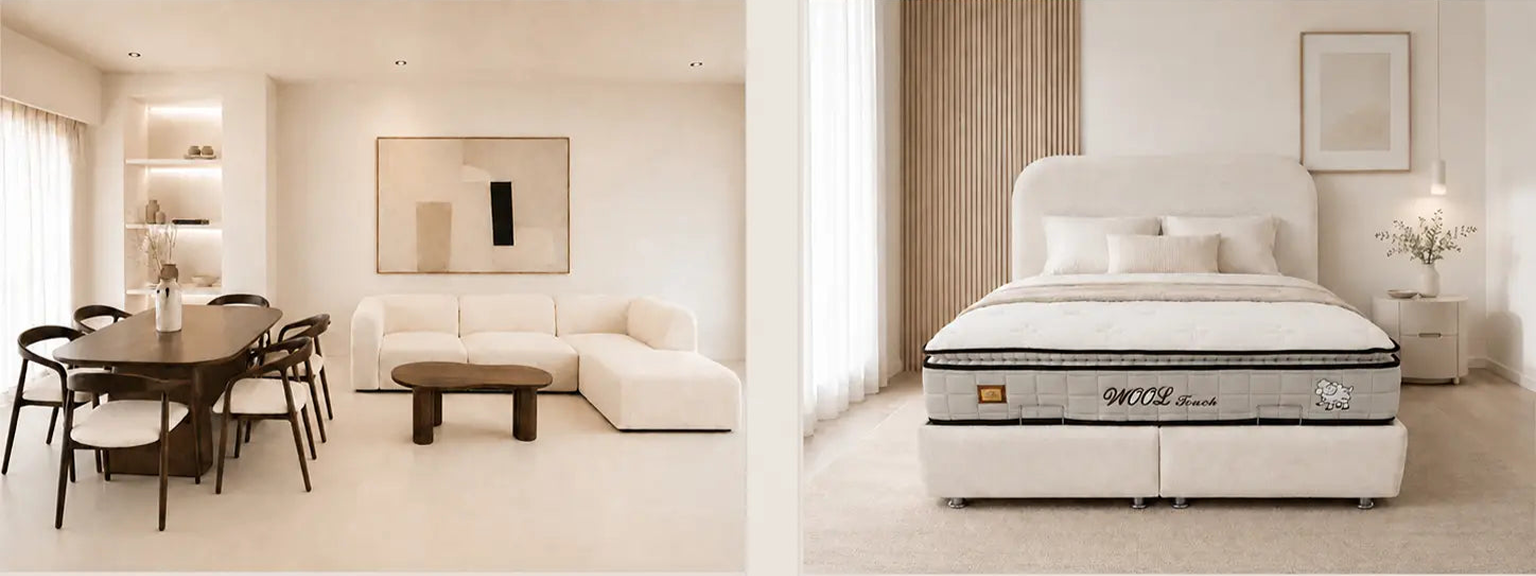Pack Complet – Canapé Aalyiah chenille beige + Table basse Nelya + Table à manger Havana + 6 chaises Evora + Lit coffre Cocon + Matelas Wool Touch 160x200