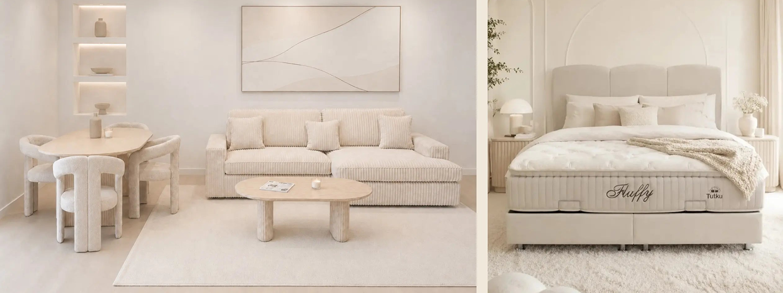 Pack Complet – Canapé Alaïa velours côtelé beige + Table basse Ilia + Table à manger Ilia céramique + 4 chaises Kaya + Lit coffre Songe + Matelas Fluffy 160x200