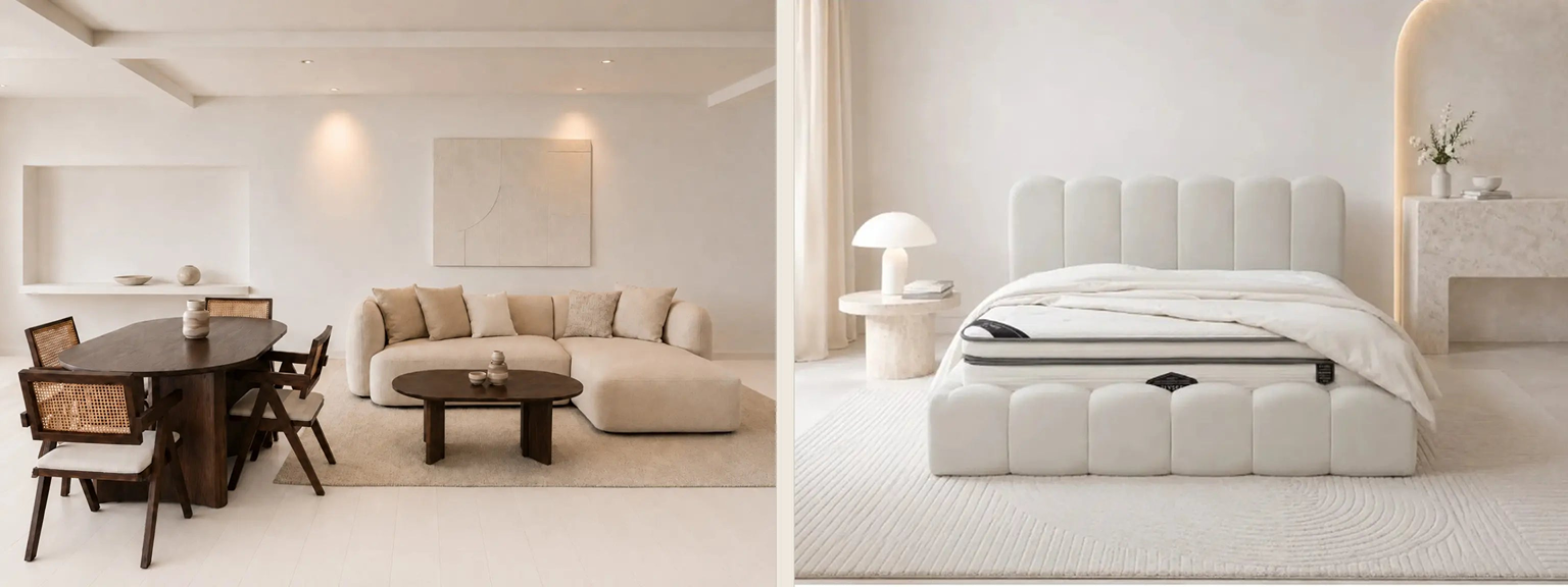 Pack Complet – Canapé Aura chenille beige + Table basse Tayga + Table à manger Tayga + 4 chaises Oana + Lit coffre Nuage + Matelas Concorde 160x200