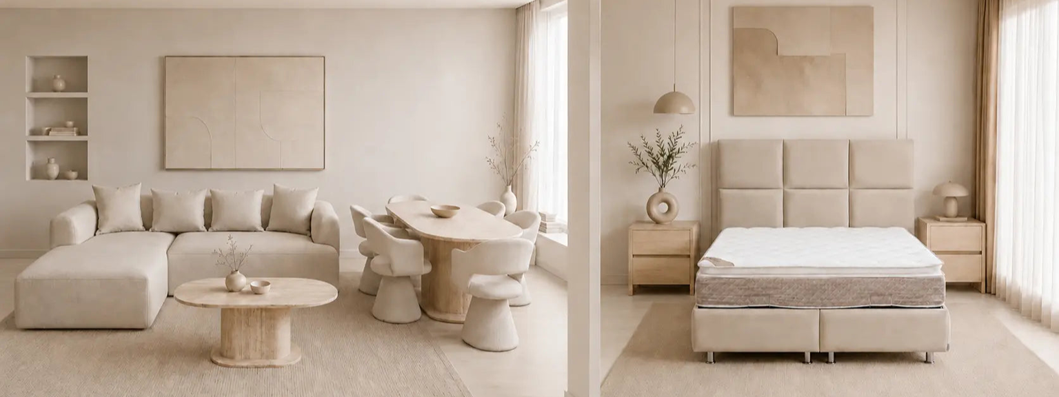Pack Complet – Canapé Idile velours beige + Table basse Orlane + Table à manger Orlane + 6 chaises Soléa + Lit coffre Dune + Matelas Exclusive 160x200