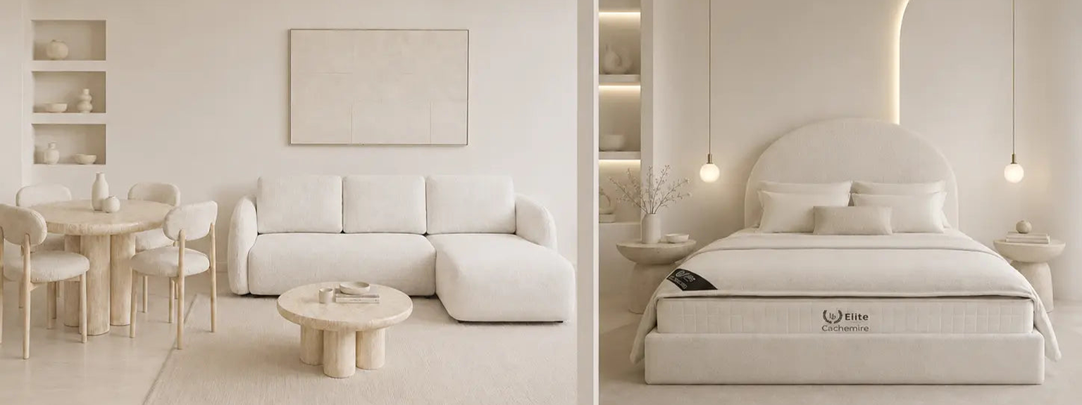 Pack Complet – Canapé Milano chenille blanc cassé + Table basse Aldo + Table à manger Aldo + 4 chaises Bosco + Lit coffre Plume + Matelas Elite Cachemire 160x200