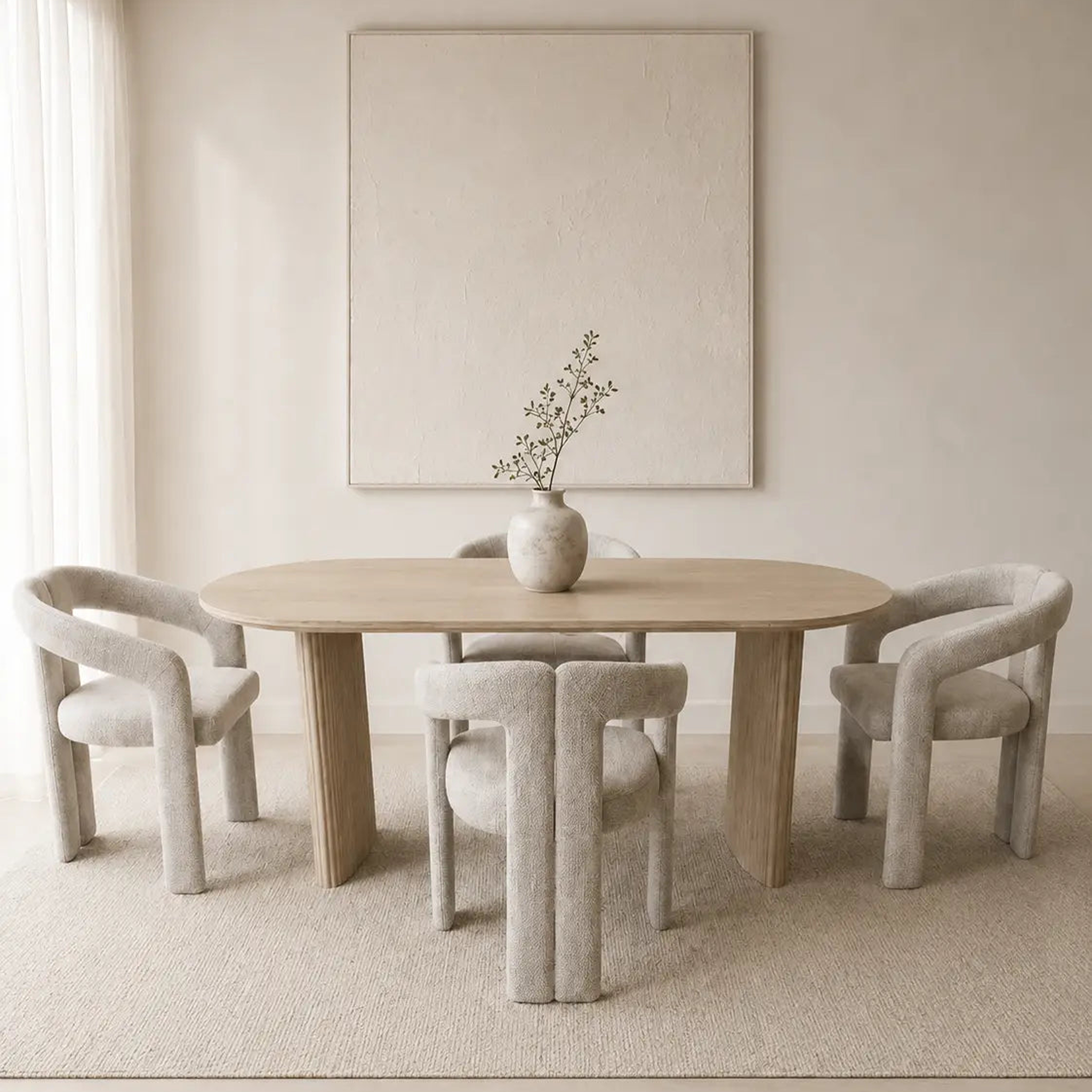 Pack Ilia + Kaya – Table à manger ovale céramique beige effet travertin + 4 chaises tissu chenille beige