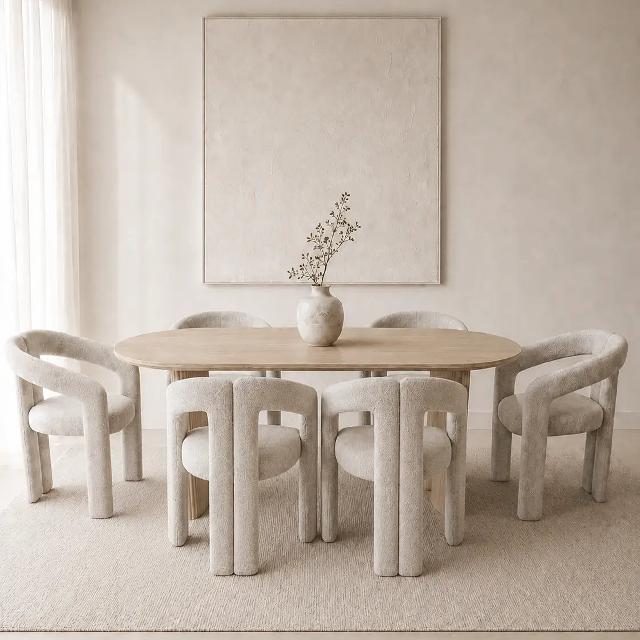 Pack Ilia + Kaya – Table à manger ovale céramique beige effet travertin + 6 chaises tissu chenille beige