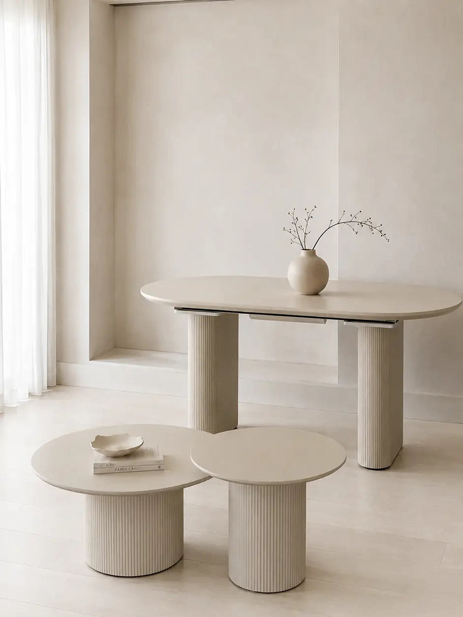 Pack Iris + Saris – Table à manger extensible + Tables basses beige crème