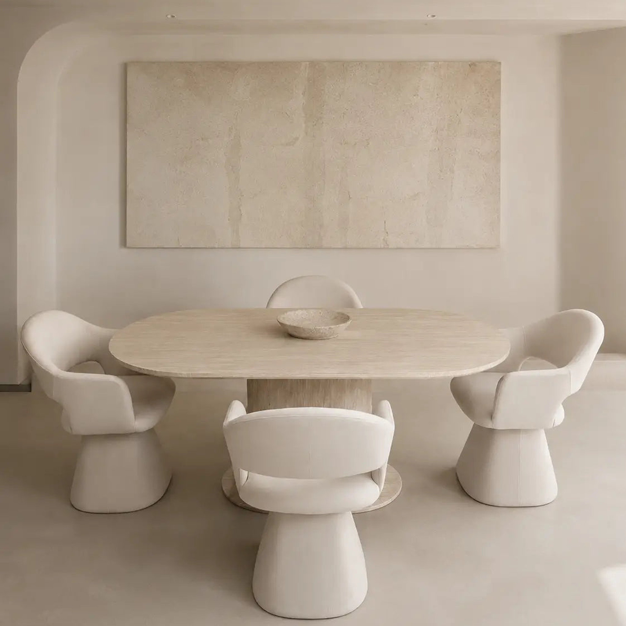 Pack Orlane + Soléa – Table à manger ovale beige effet travertin + 4 chaises velours beige