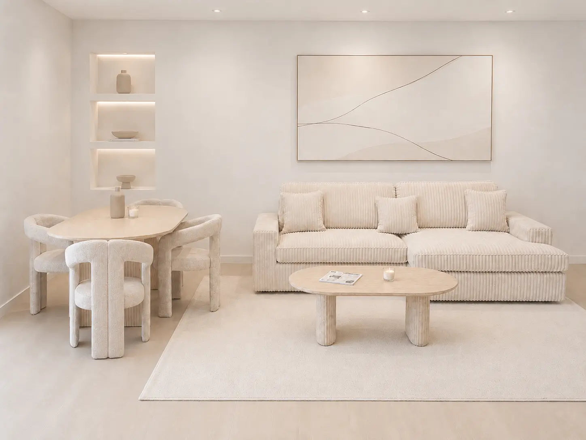 Pack Salon Complet – Canapé Alaïa velours côtelé + Table basse Ilia + Table à manger Ilia céramique beige + 4 chaises Kaya chenille taupe