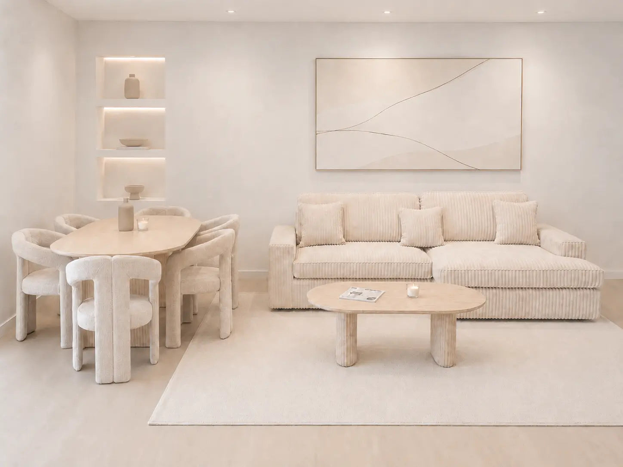 Pack Salon Complet – Canapé Alaïa velours côtelé + Table basse Ilia + Table à manger Ilia céramique beige + 6 chaises Kaya chenille taupe