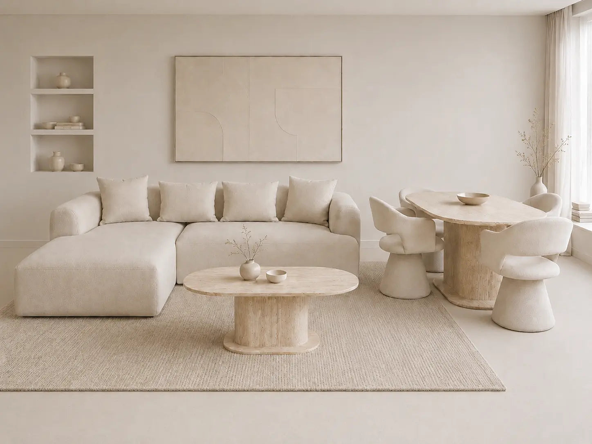 Pack Salon Complet – Canapé Idile velours beige + Table basse Orlane + Table à manger Orlane 180 cm + 4 chaises Soléa velours beige