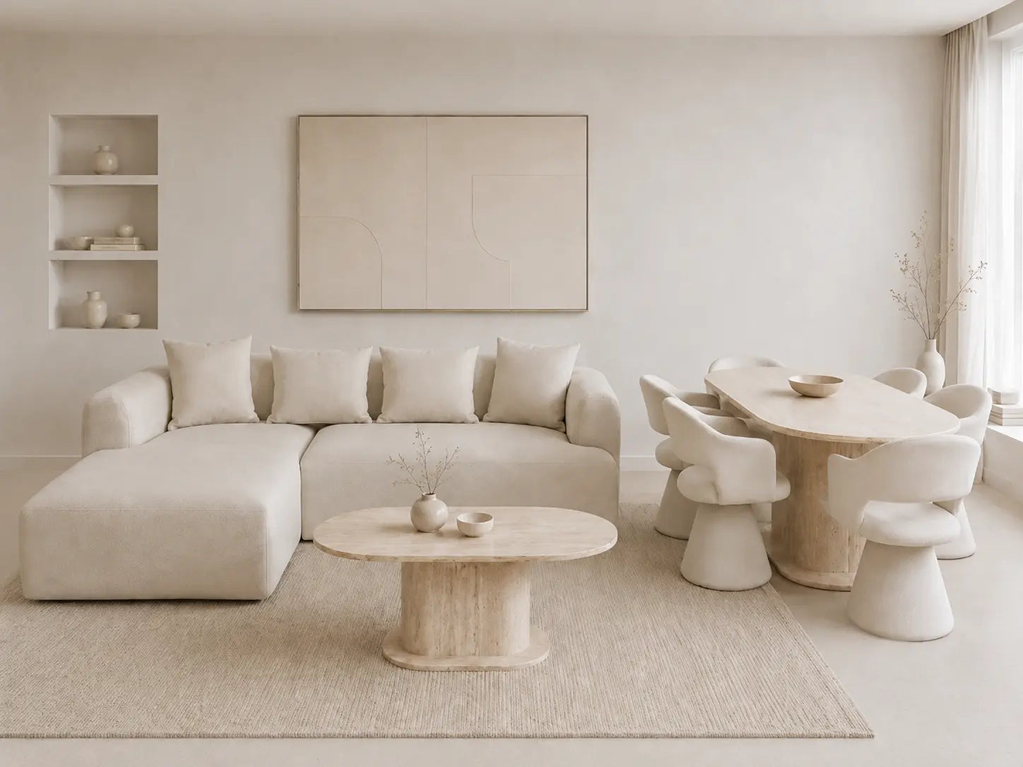 Pack Salon Complet – Canapé Idile velours beige + Table basse Orlane + Table à manger Orlane 180 cm + 6 chaises Soléa velours beige
