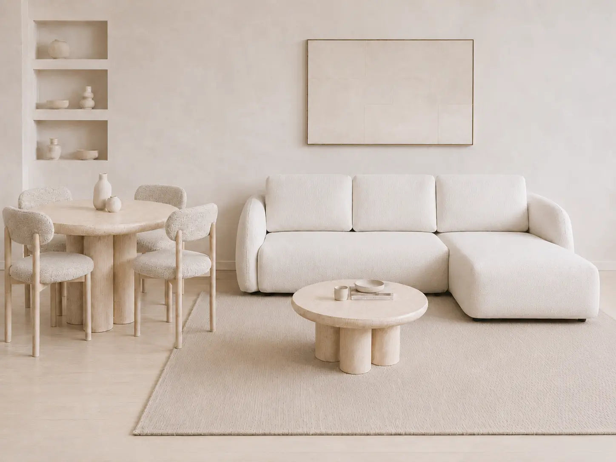 Pack Salon Complet – Canapé Milano chenille blanc cassé + Table basse Aldo + Table à manger Aldo + 4 chaises Bosco velours beige