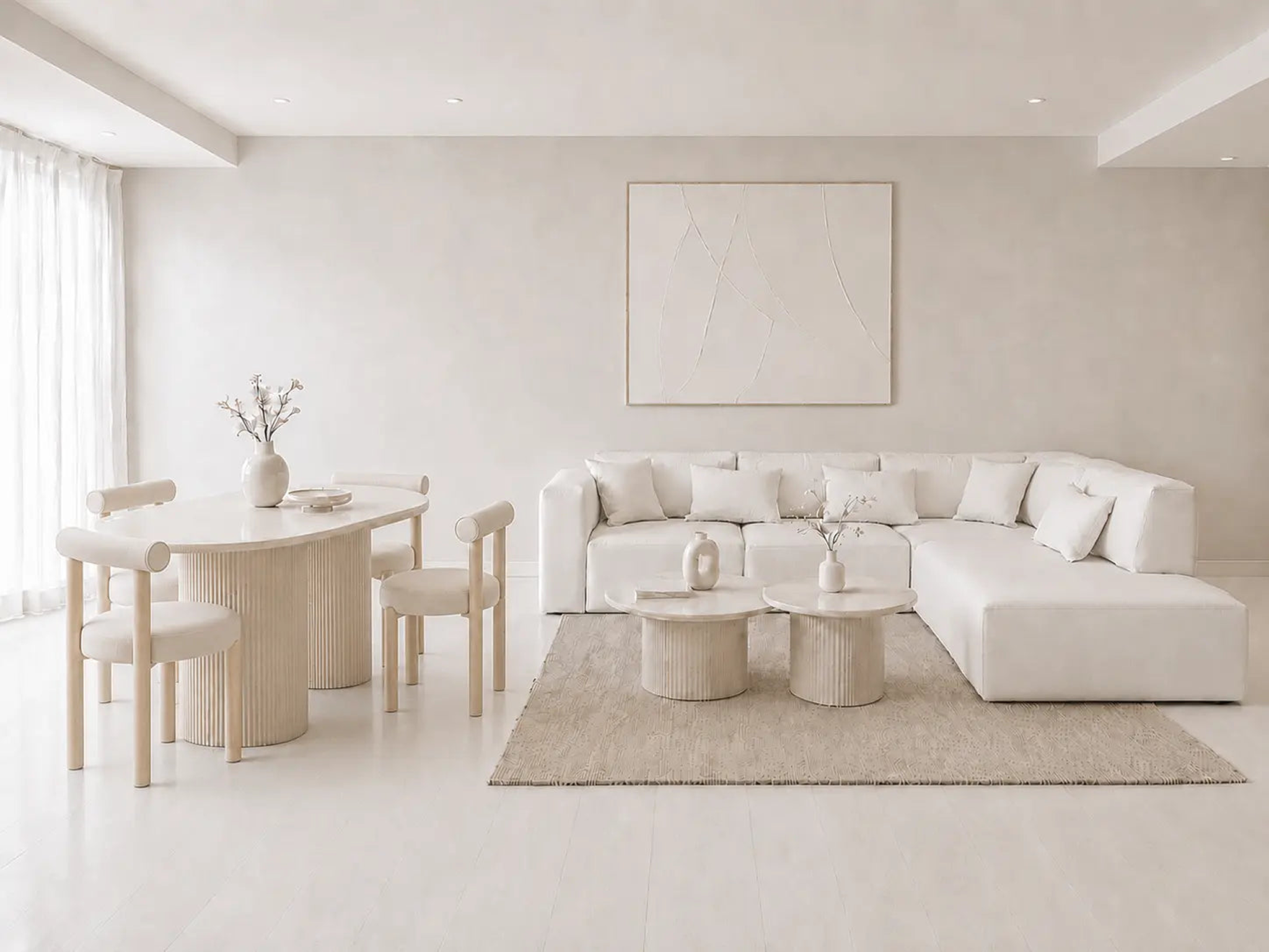 Pack Salon Complet – Canapé Odyssée velours blanc cassé + Tables basses Saris + Table à manger Iris + 4 chaises Soltis