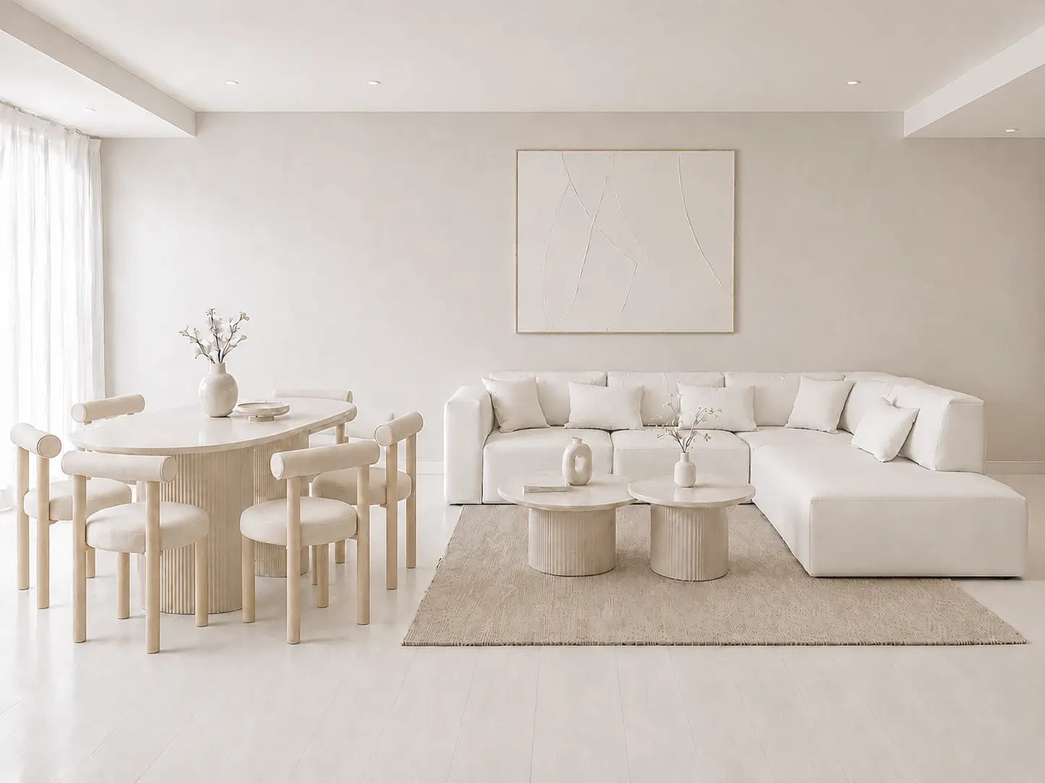 Pack Salon Complet – Canapé Odyssée velours blanc cassé + Tables basses Saris + Table à manger Iris + 6 chaises Soltis