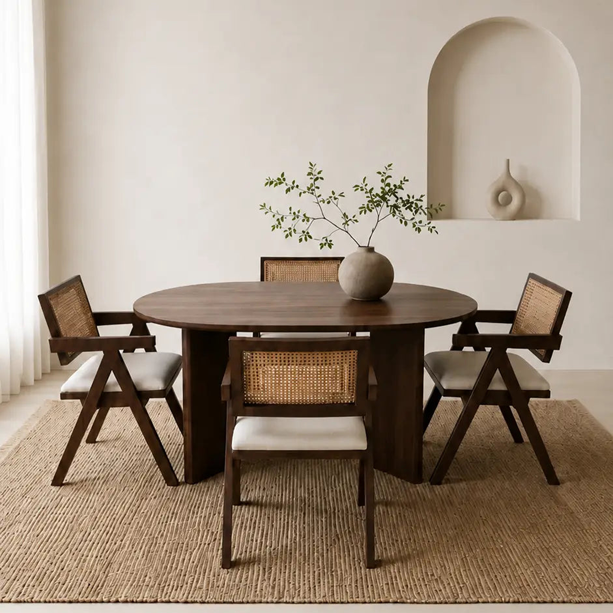 Pack Tayga + Oana – Table à manger 150 cm marron effet bois noyer + 4 chaises bois d'hévéa