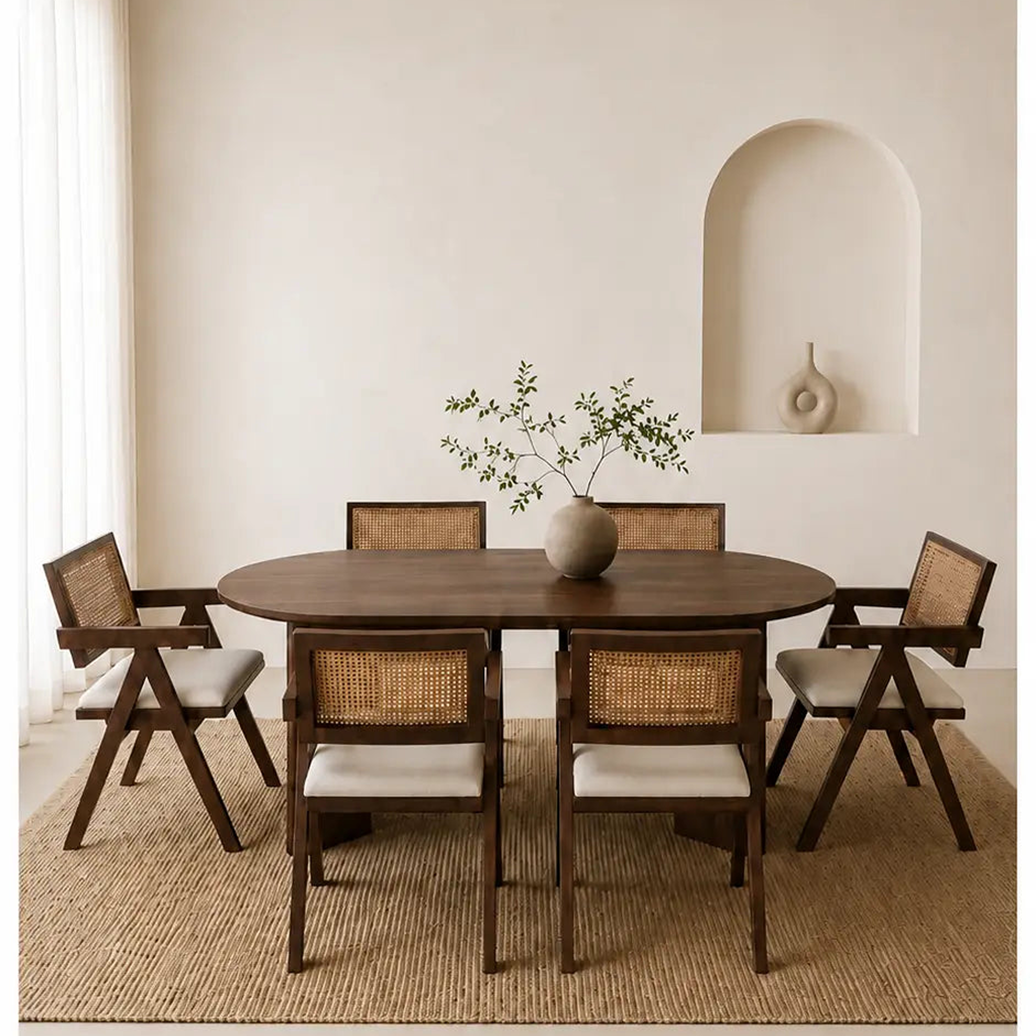 Pack Tayga + Oana – Table à manger 180 cm marron effet bois noyer + 6 chaises bois d'hévéa