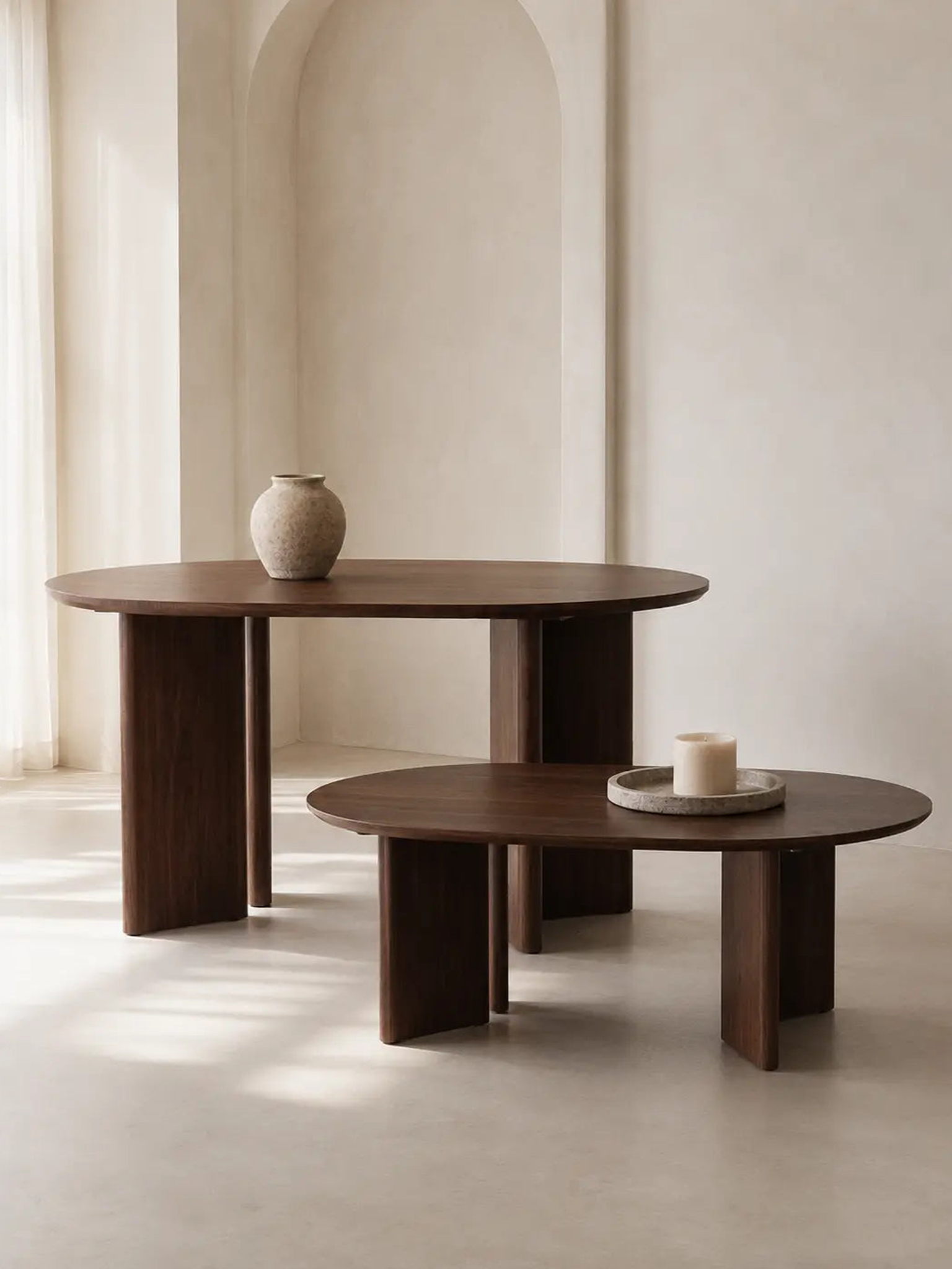 Pack Tayga – Table à manger ovale + Table basse effet bois noyer