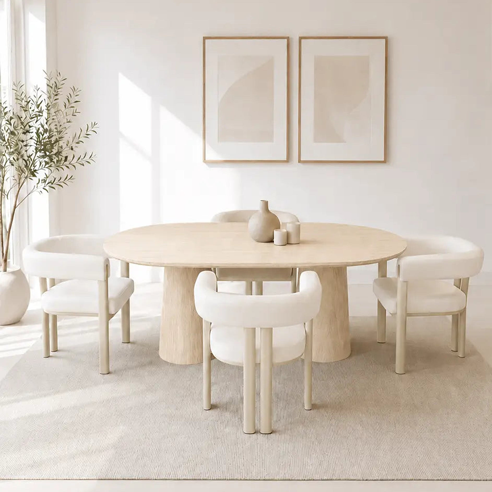 Pack Yuna + Lizéa – Table à manger ovale céramique beige effet travertin + 4 chaises velours beige