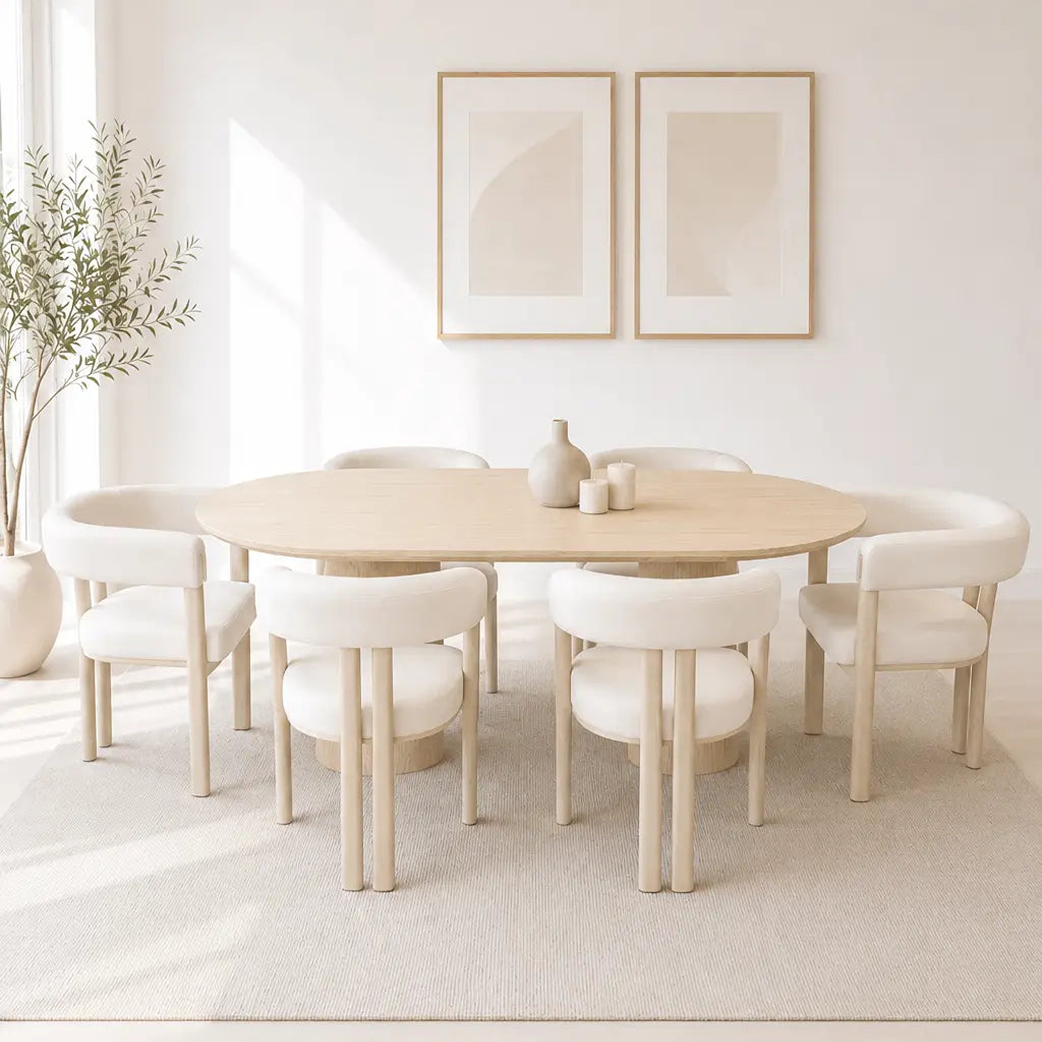 Pack Yuna + Lizéa – Table à manger ovale céramique beige effet travertin + 6 chaises velours beige