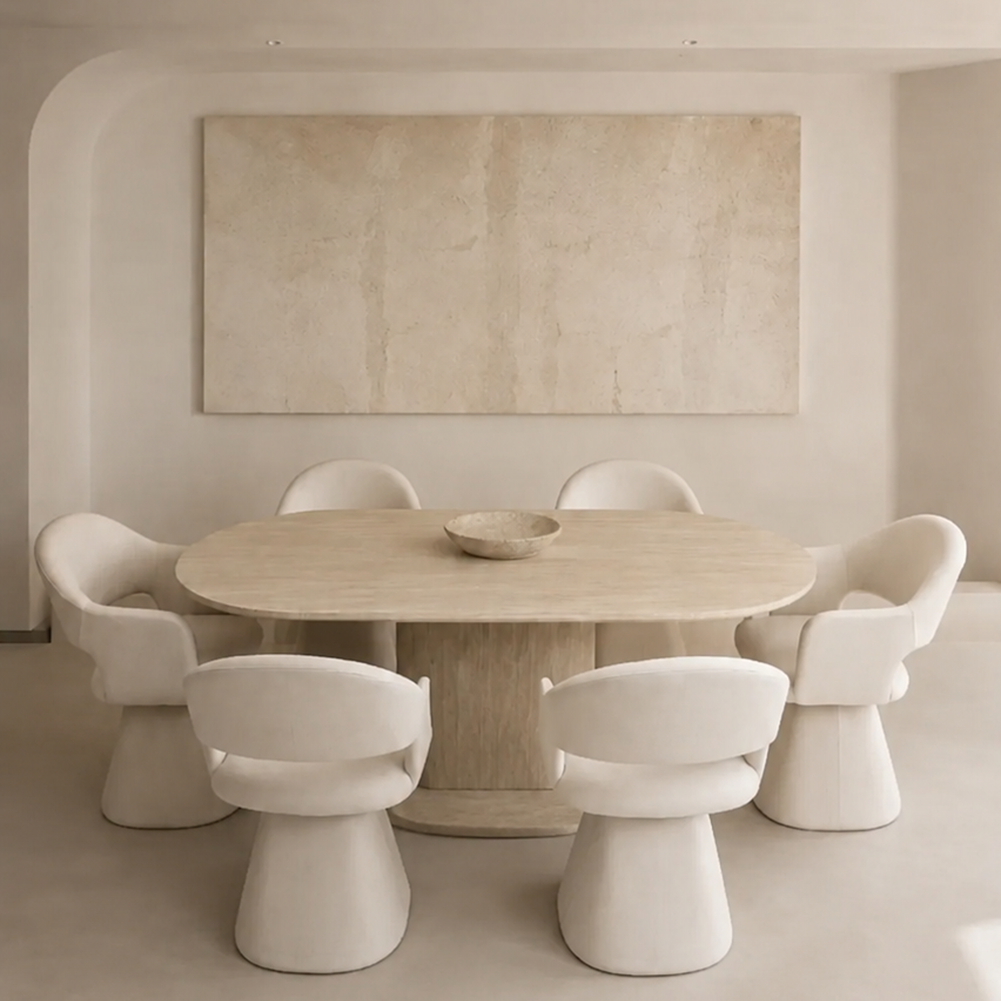 Pack Orlane + Soléa – Table à manger ovale beige effet travertin + 6 chaises velours beige