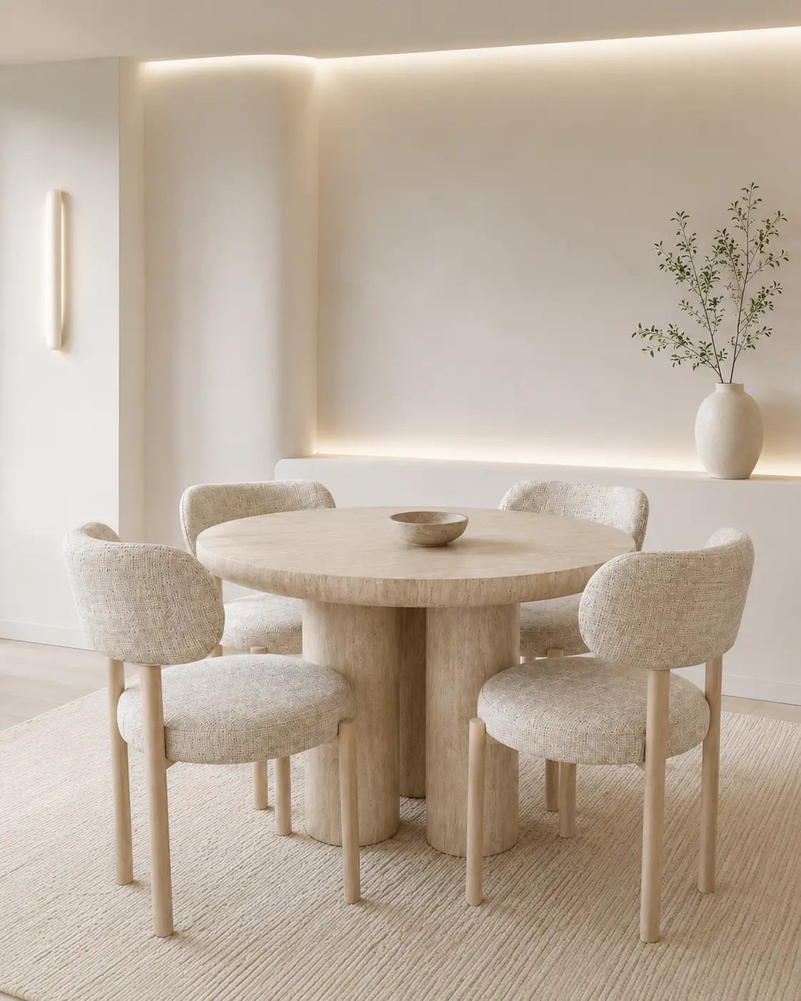 Pack Aldo + Bosco – Table à manger ronde beige effet travertin + 4 chaises tissu chenille beige Rêve de Chic