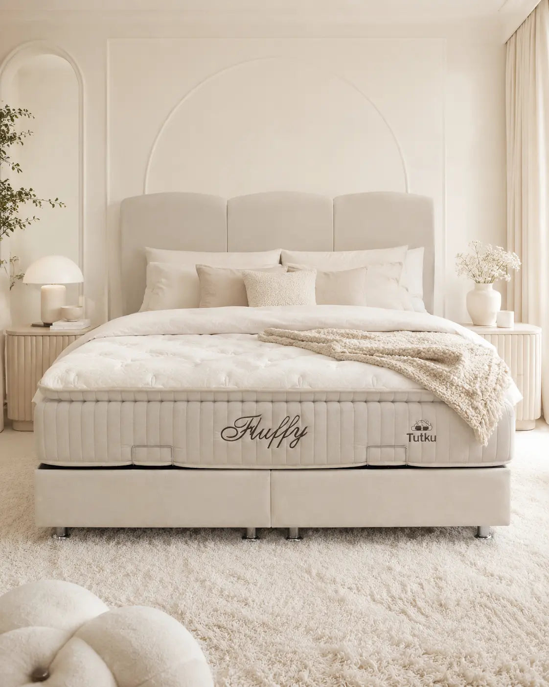 Pack Brume + Fluffy – Lit coffre chenille beige 160x200 cm + Matelas mémoire de forme double ressorts 7 zones Rêve de Chic