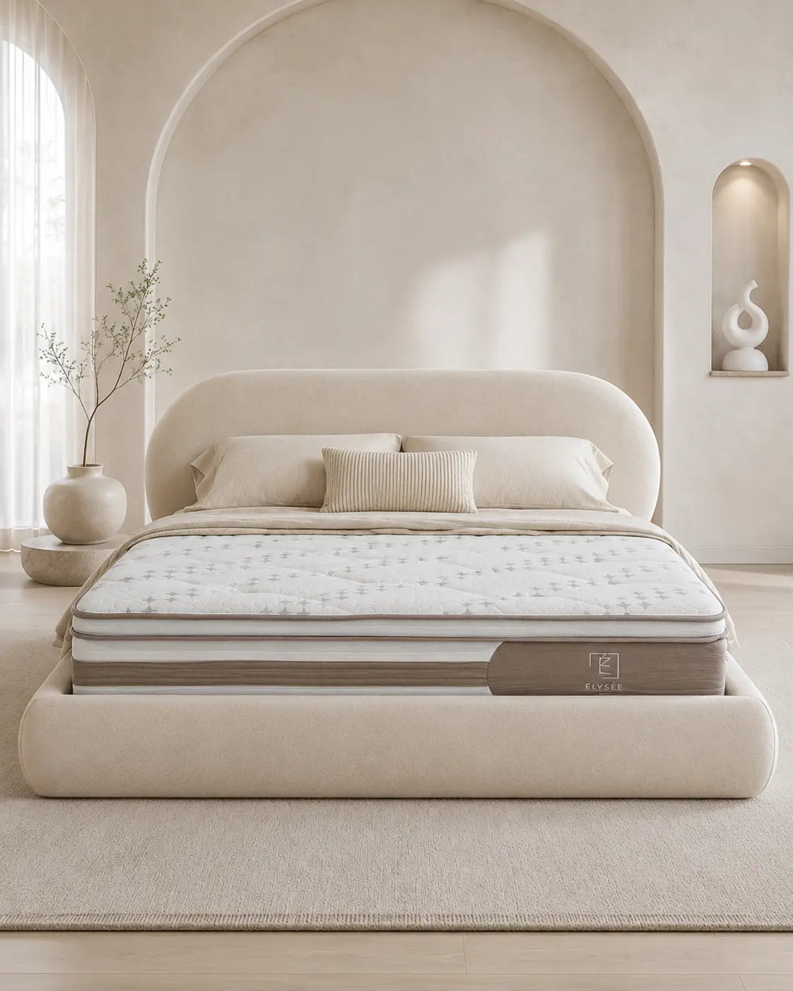 Pack Brume + Rivoli – Lit coffre chenille beige 160x200 cm + Matelas bamboo latex ressorts ensachés 5 zones Rêve de Chic