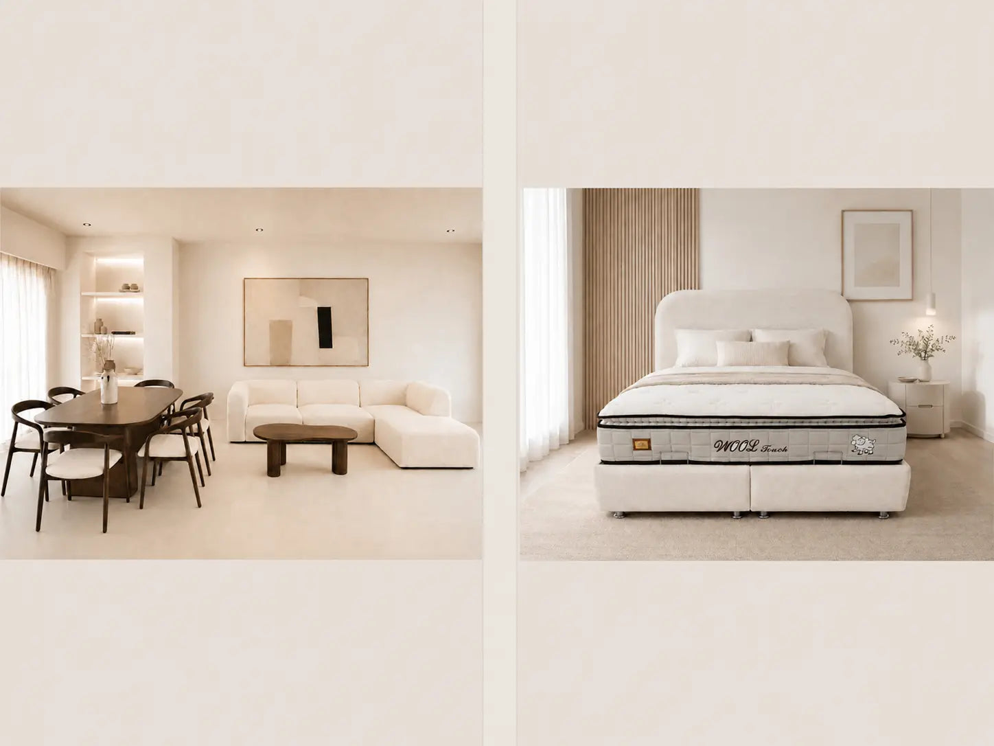 Pack Complet – Canapé Aalyiah chenille beige + Table basse Nelya + Table à manger Havana + 6 chaises Evora + Lit coffre Cocon + Matelas Wool Touch 160x200 Rêve de Chic