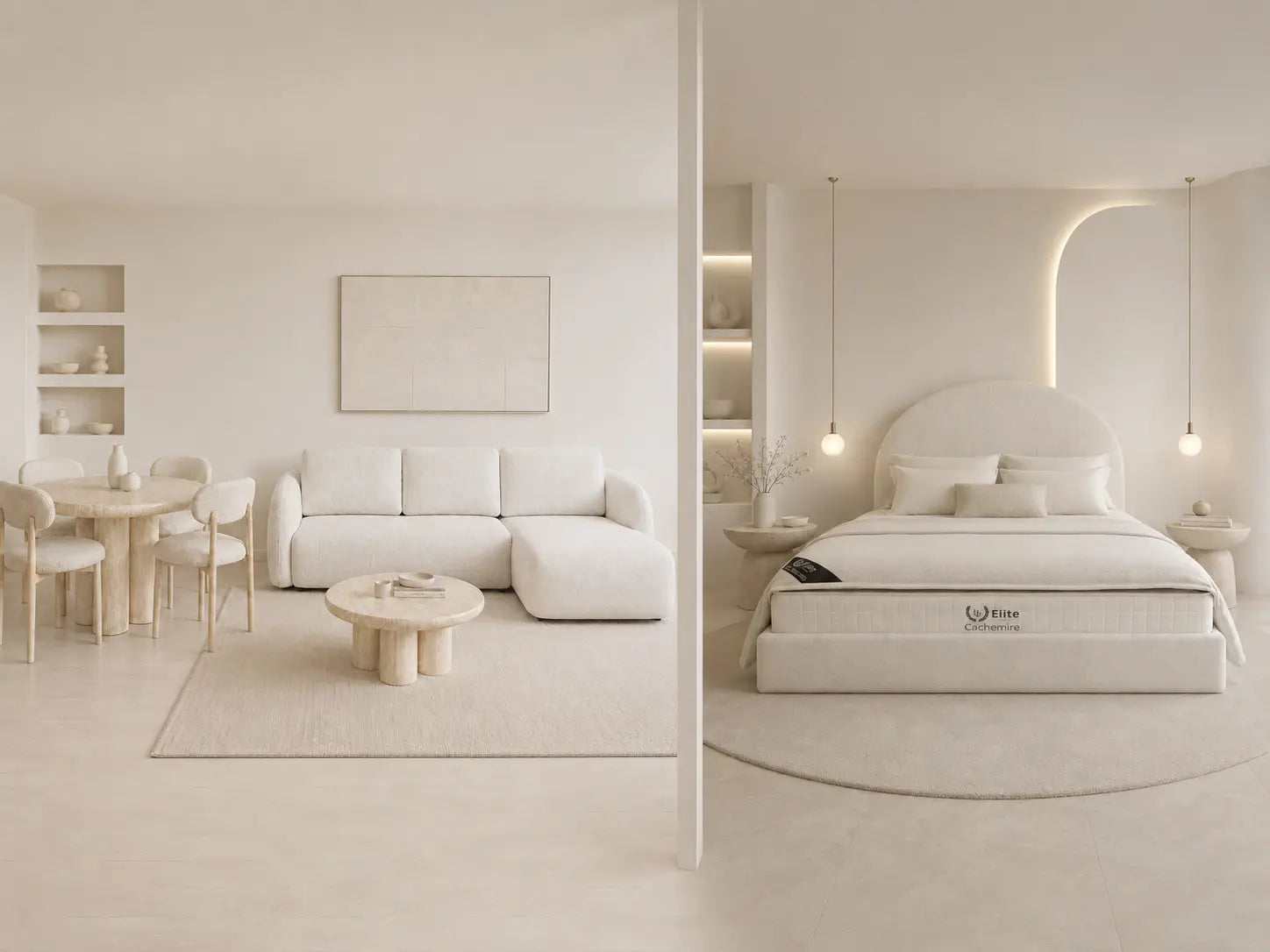 Pack Complet – Canapé Milano chenille blanc cassé + Table basse Aldo + Table à manger Aldo + 4 chaises Bosco + Lit coffre Plume + Matelas Elite Cachemire 160x200 Rêve de Chic