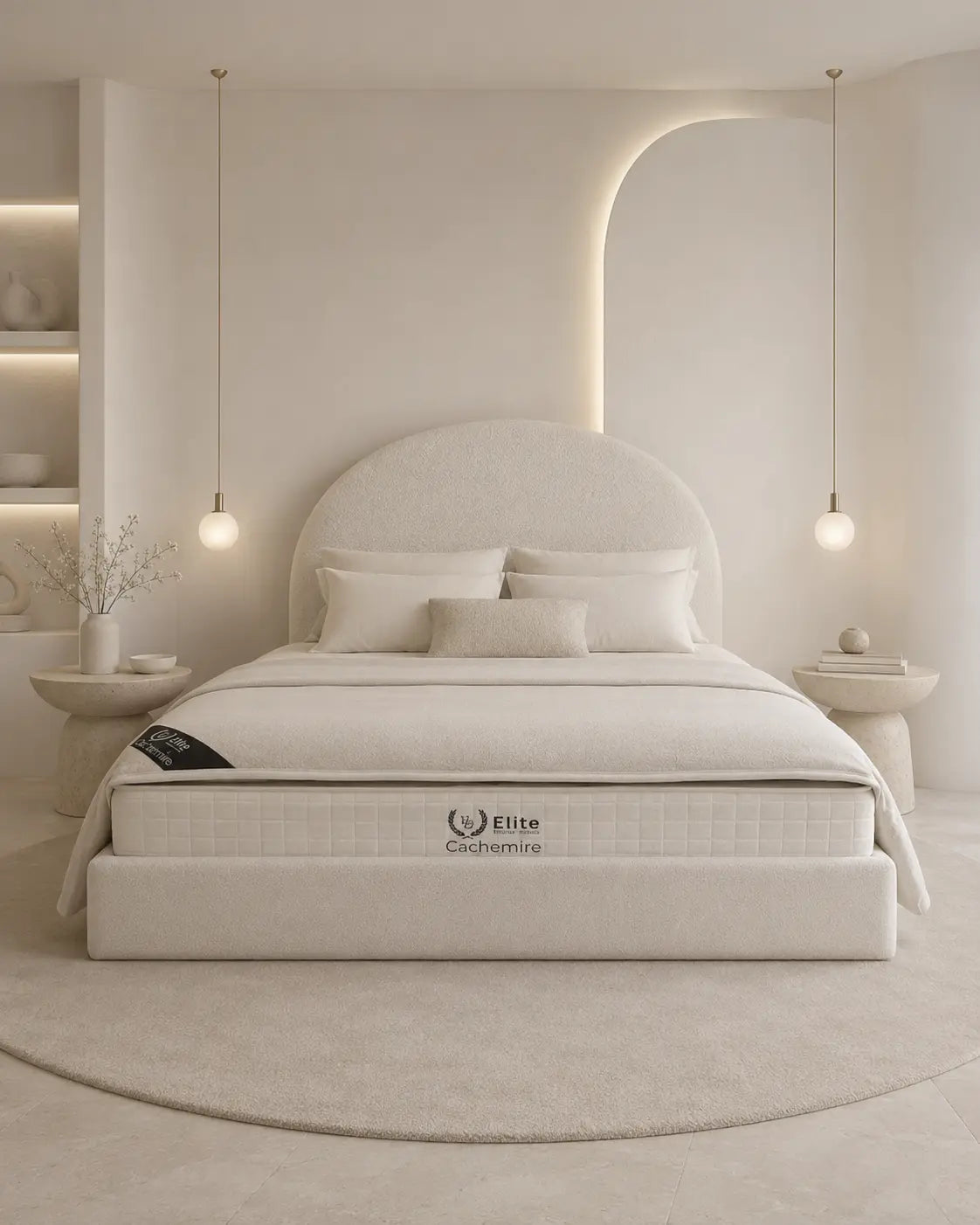 Pack Complet – Canapé Milano chenille blanc cassé + Table basse Aldo + Table à manger Aldo + 4 chaises Bosco + Lit coffre Plume + Matelas Elite Cachemire 160x200 Rêve de Chic