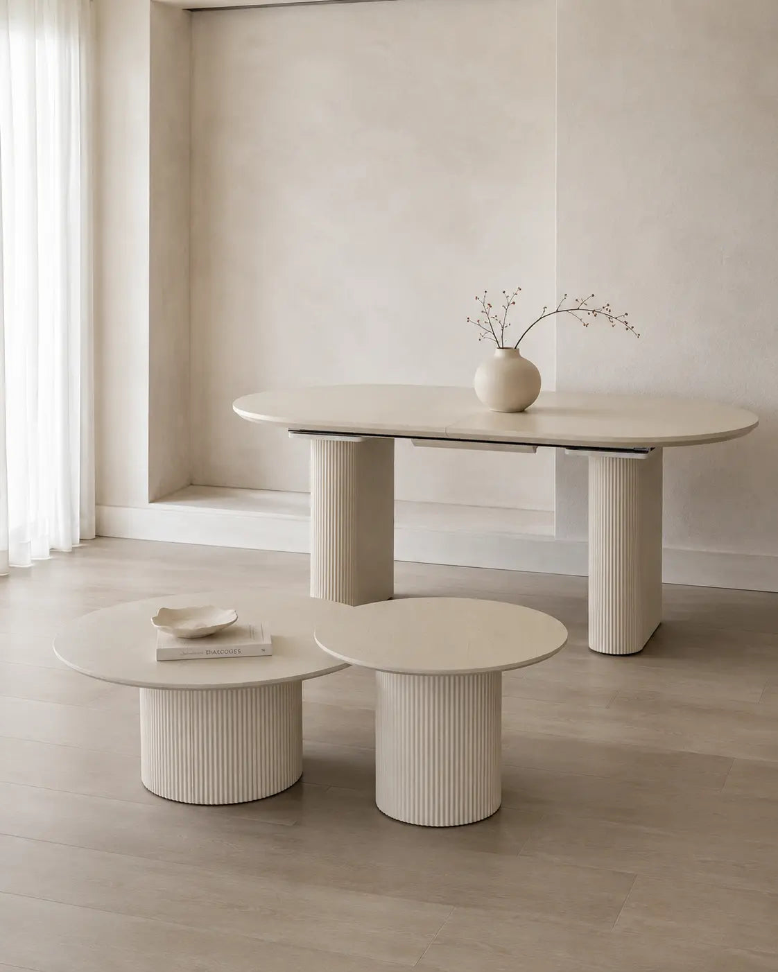 Pack Iris + Saris – Table à manger extensible + Tables basses beige crème Rêve de Chic