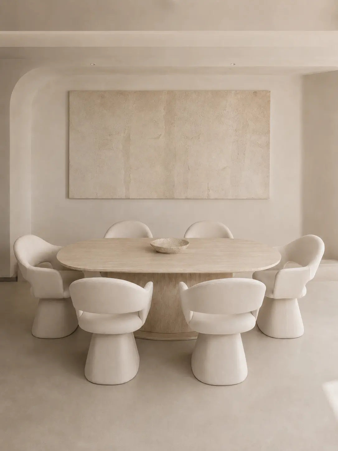 Pack Orlane + Soléa – Table à manger ovale beige effet travertin + 6 chaises velours beige Rêve de Chic