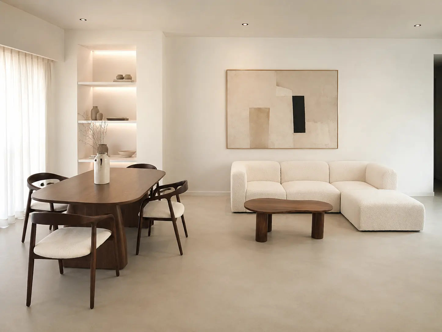 Pack Salon Complet – Canapé Aalyiah chenille beige + Table basse Nelya + Table à manger Havana + 4 chaises Evora bois d'hévéa Rêve de Chic