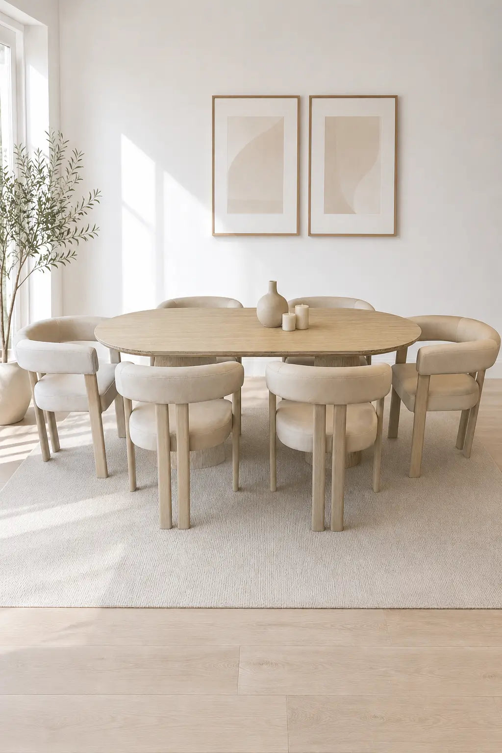Pack Yuna + Lizéa – Table à manger ovale céramique beige effet travertin + 6 chaises velours beige Rêve de Chic