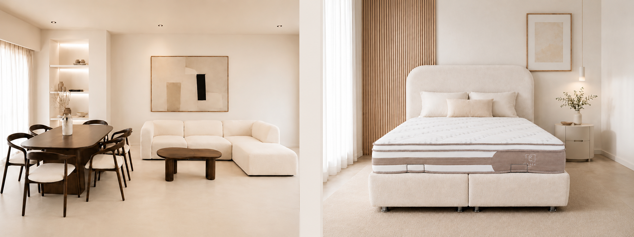 Pack Complet – Canapé Aalyiah chenille beige + Table basse Nelya + Table à manger Havana + 6 chaises Evora + Lit coffre Cocon + Matelas Rivoli 160x200