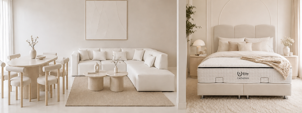 Pack Complet – Canapé Odyssée velours blanc cassé + Tables basses Saris + Table à manger Iris extensible + 6 chaises Soltis + Lit coffre Songe + Matelas Elite Cachemire 160x200