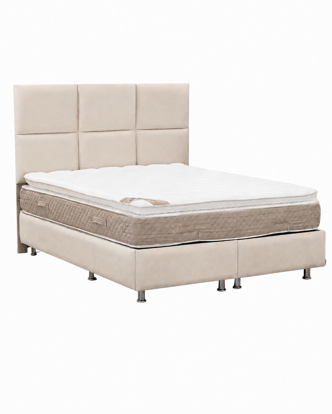 Pack Complet – Canapé Idile velours beige + Table basse Orlane + Table à manger Orlane + 6 chaises Soléa + Lit coffre Dune + Matelas Exclusive 160x200