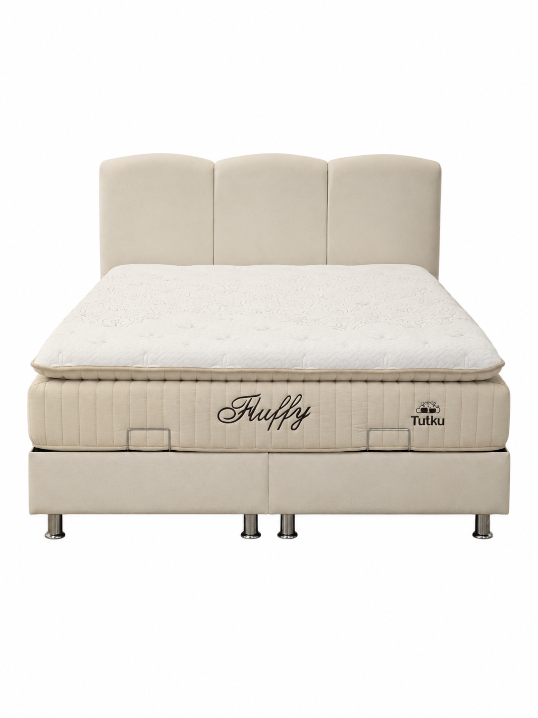 Pack Complet – Canapé Alaïa velours côtelé beige + Table basse Ilia + Table à manger Ilia céramique + 4 chaises Kaya + Lit coffre Songe + Matelas Fluffy 160x200