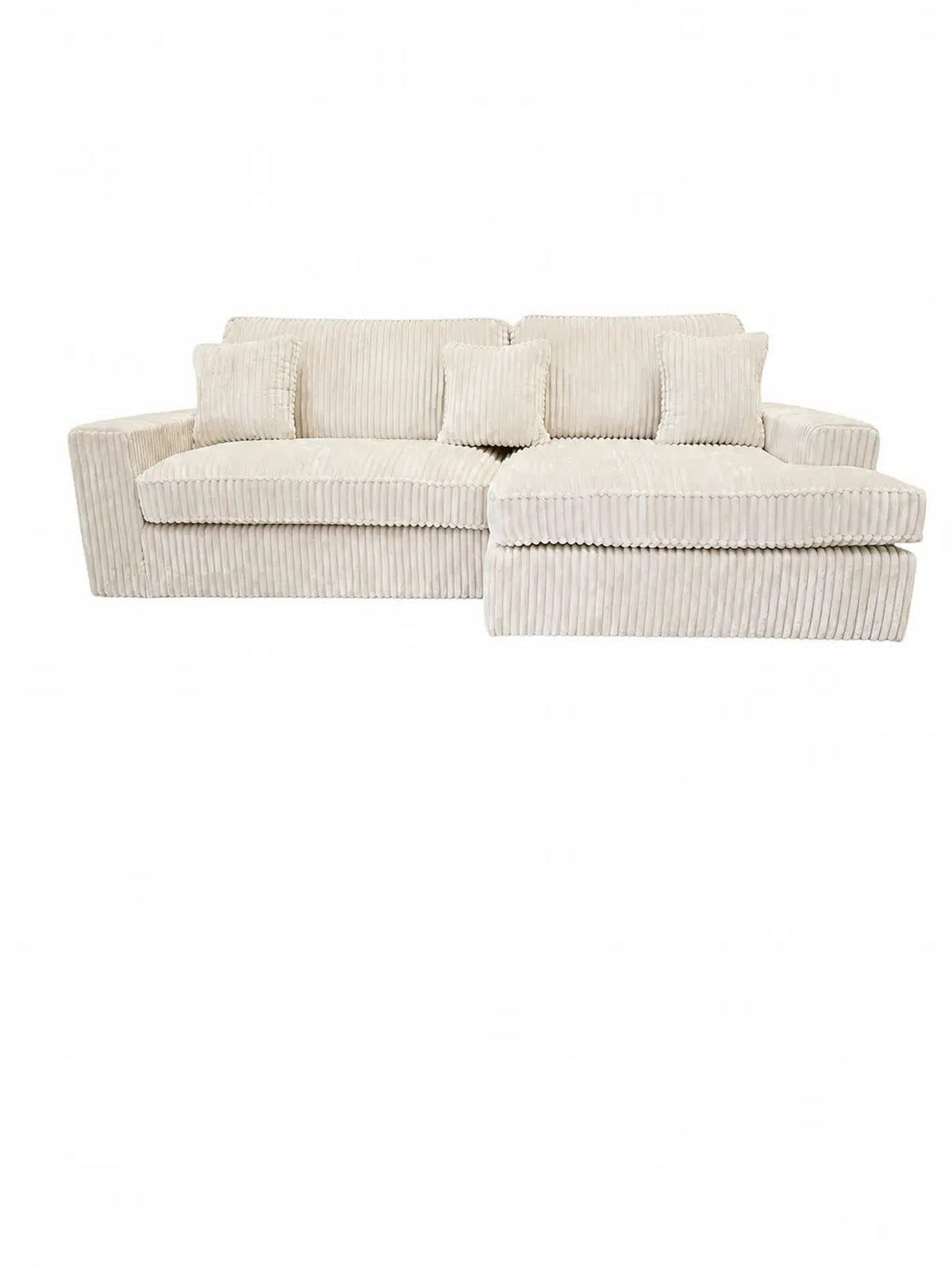 Pack Complet – Canapé Alaïa velours côtelé beige + Table basse Ilia + Table à manger Ilia céramique + 4 chaises Kaya + Lit coffre Songe + Matelas Fluffy 160x200