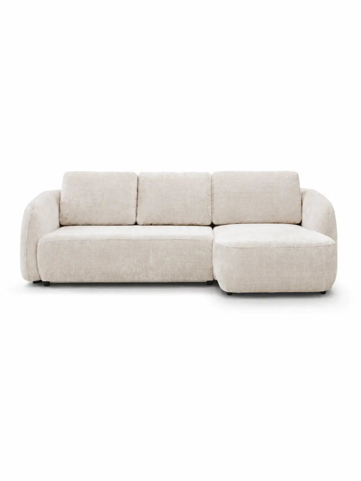 Pack Complet – Canapé Milano chenille blanc cassé + Table basse Aldo + Table à manger Aldo + 4 chaises Bosco + Lit coffre Plume + Matelas Elite Cachemire 160x200