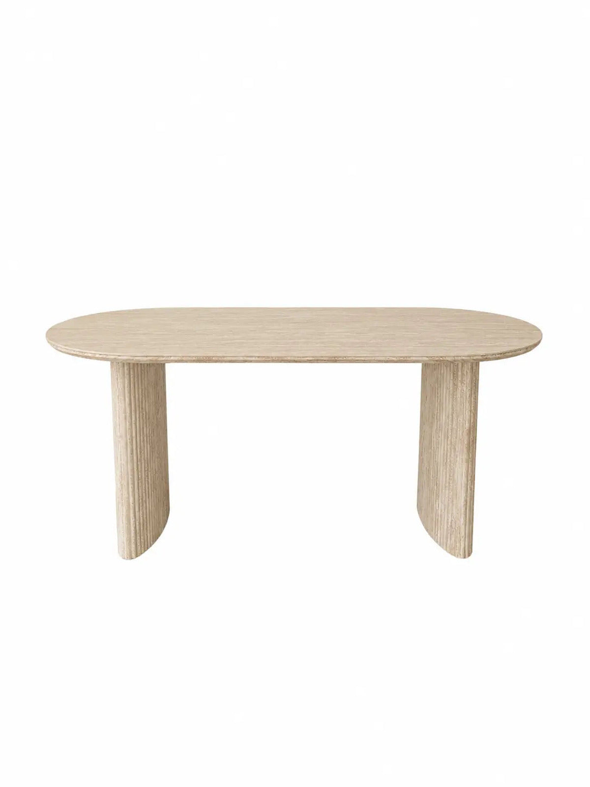 Pack Ilia + Kaya – Table à manger ovale céramique beige effet travertin + 4 chaises tissu chenille beige