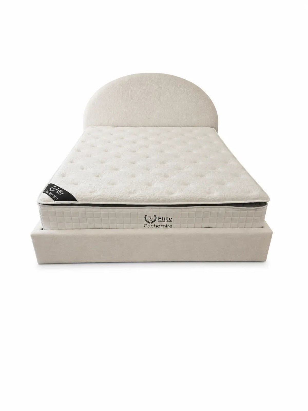 Pack Plume + Elite Cachemire – Lit coffre laine bouclée blanc cassé 160x200 cm + Matelas ressorts ensachés 5 zones