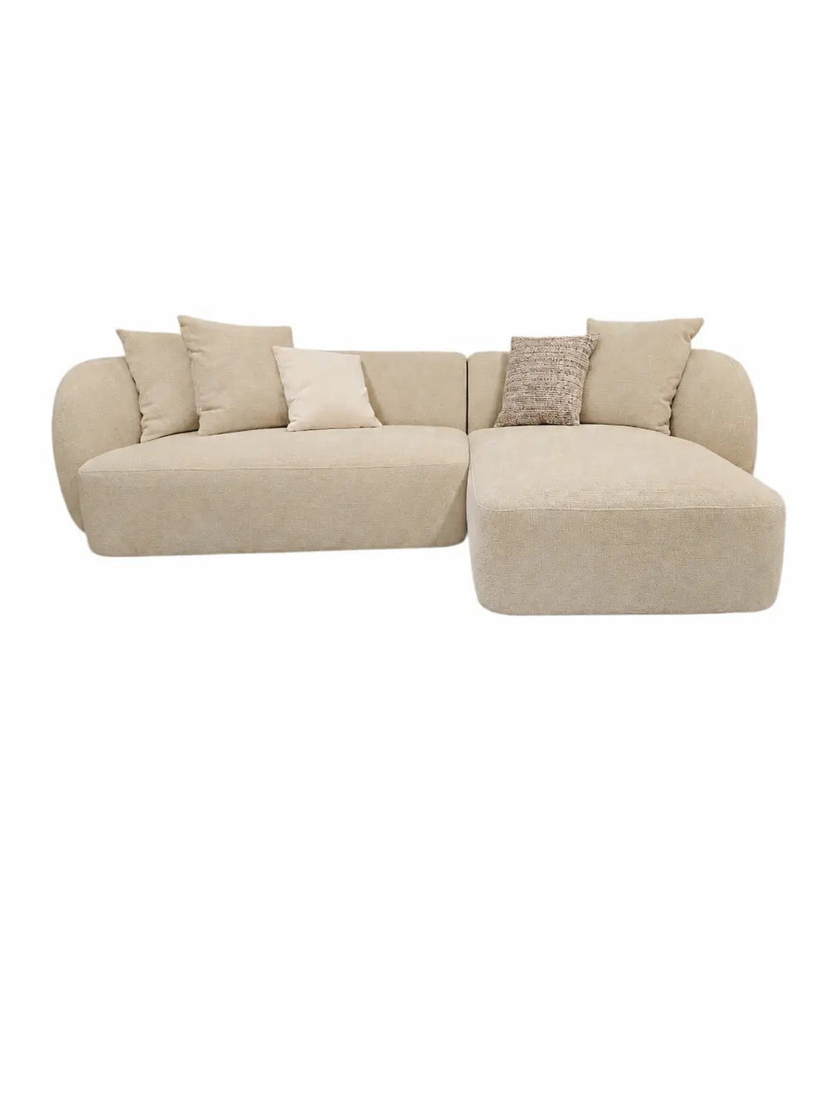Pack Salon Complet – Canapé Aura chenille beige + Table basse Tayga + Table à manger Tayga 180 cm + 6 chaises Oana bois d'hévéa