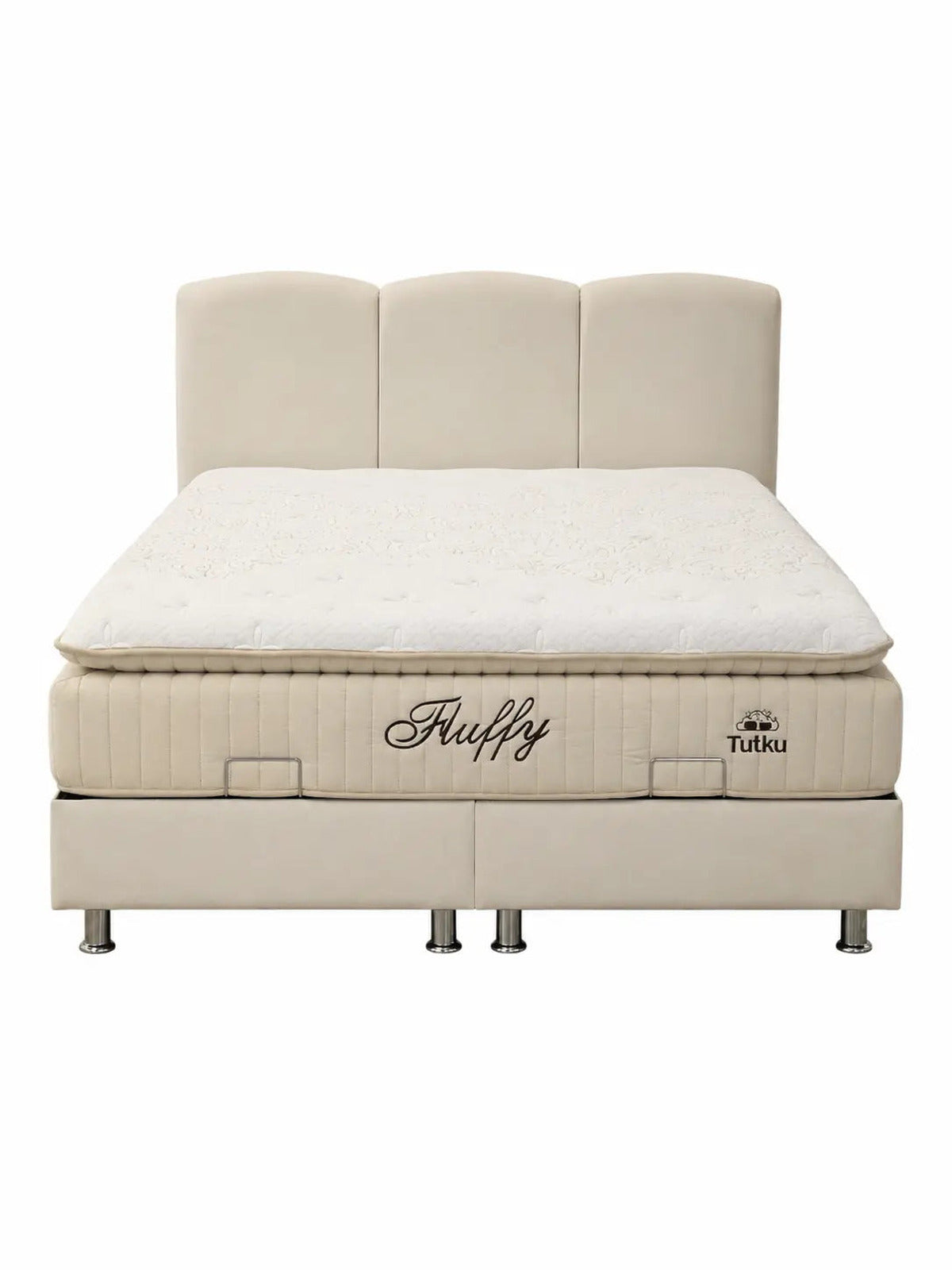 Pack Songe + Fluffy – Lit coffre chenille beige 160x200 cm + Matelas mémoire de forme double ressorts 7 zones