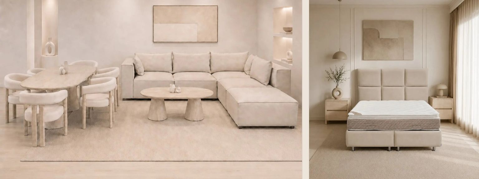 Pack Complet – Canapé Iconic 4+Pouf velours beige + Table basse Yuna + Table à manger Yuna céramique beige + 6 chaises Lizéa + Lit coffre Dune + Matelas Exclusive 160x200