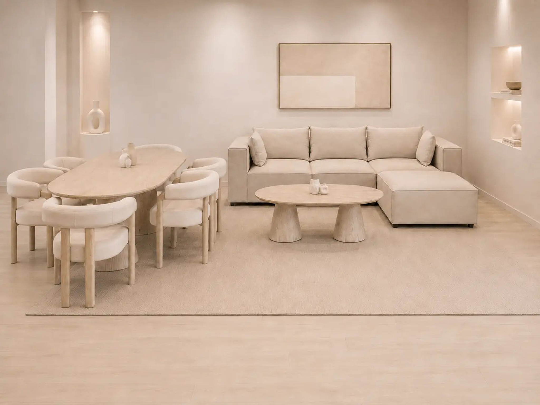 Pack Salon Complet – Canapé Iconic 3+1 velours beige + Table basse Yuna + Table à manger Yuna céramique beige + 6 chaises Lizéa velours beige