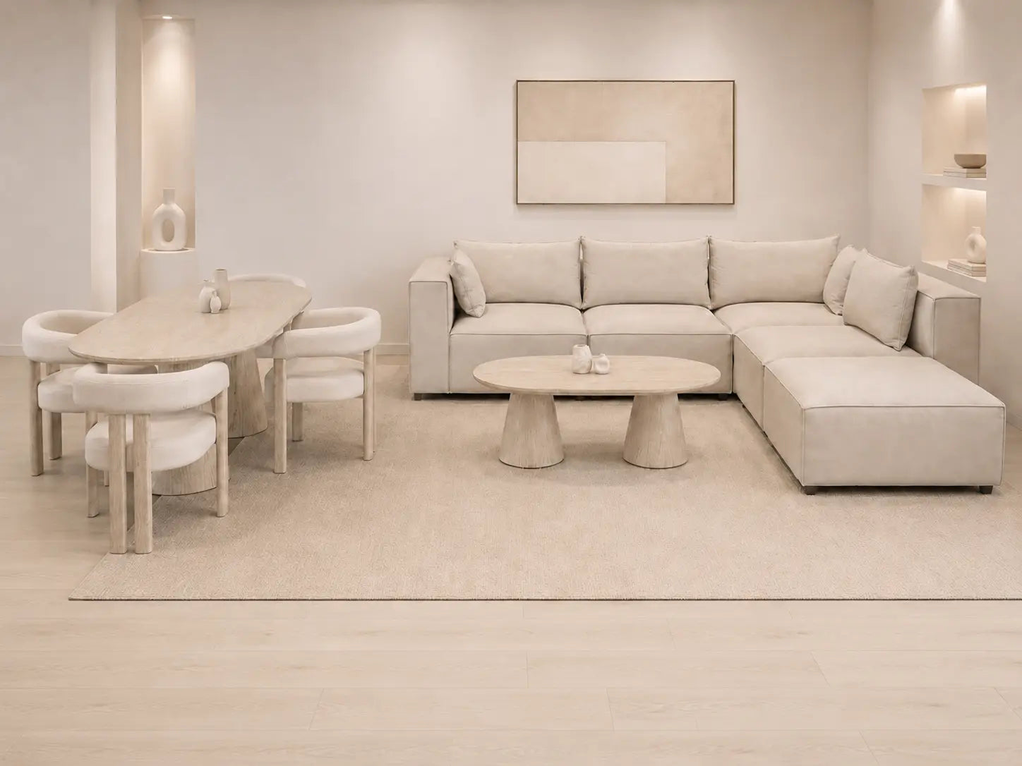 Pack Salon Complet – Canapé Iconic 4+1 velours beige + Table basse Yuna + Table à manger Yuna céramique beige + 6 chaises Lizéa velours beige