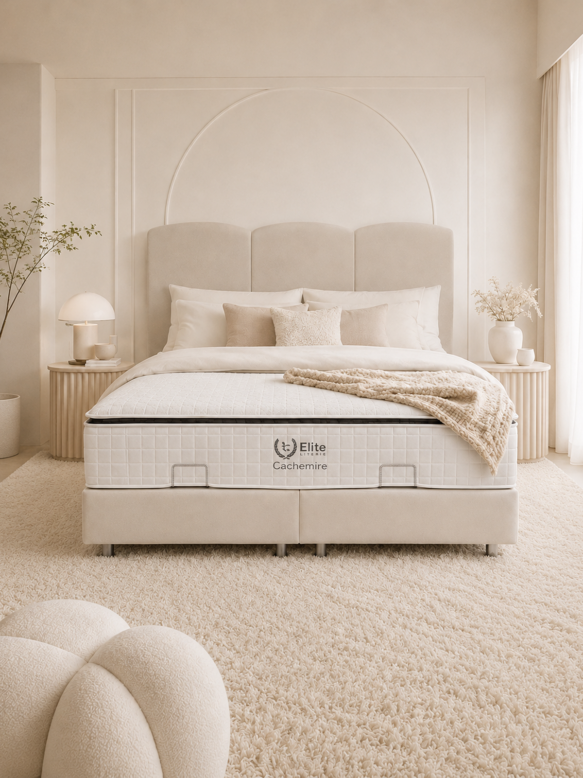 Pack Songe + Elite Cachemire – Lit coffre chenille beige 160x200 cm + Matelas ressorts ensachés 5 zones