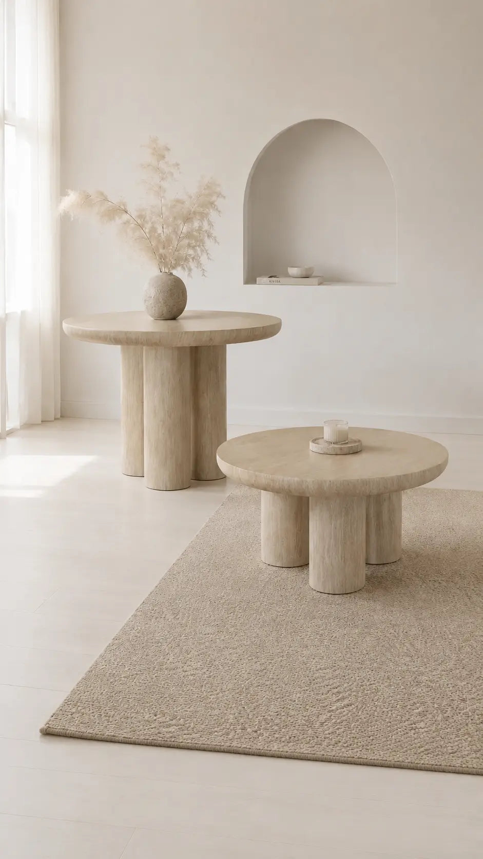 Pack Aldo – Table à manger ronde + Table basse effet travertin beige  Rêve de Chic