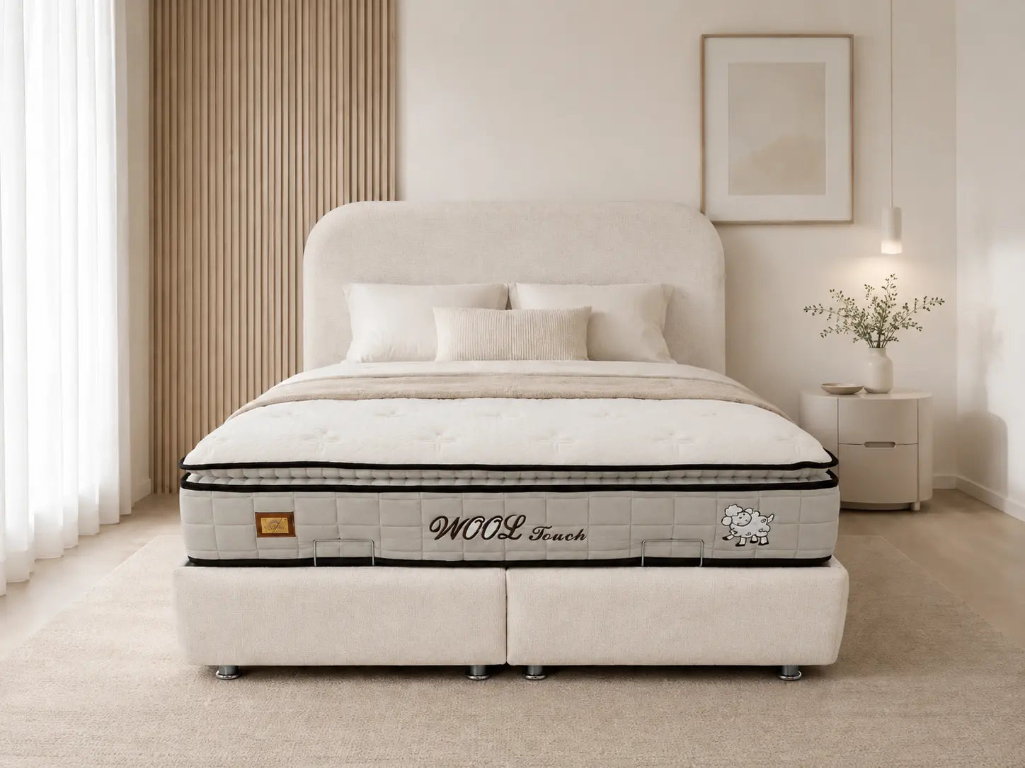 Pack Cocon + Wool Touch – Lit coffre chenille 160x200 cm + Matelas mérinos mémoire de forme ressorts ensachés 7 zones  Rêve de Chic